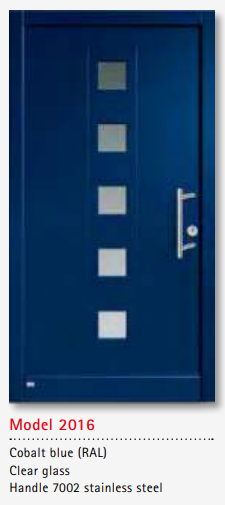 UNILUX Model 2016 Cobalt Blue JuniorLine Door, Clear Glass, Stainless Handle, Classic Custom Timber Entry